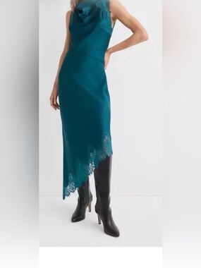 Beautiful Ann Taylor Teal Lace-Trim Midi Asymmetric Dress
